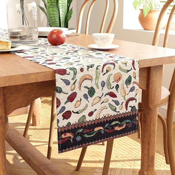 Encasa XO Boho Jacquard Set of 6 Placemats and 1 Table Runner 13x80 in | Espresso Design | Vintage Style | Woven Bohemian Tapestry for Dining - Machine Washable