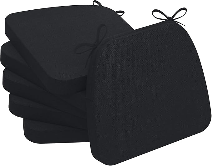 AAAAAcessories D-Shaped Chair Cushions for Dining Chairs with Ties and Removable Cover, 2'' Thick Dining Kitchen Chair Pads, Indoor Dining Room Chair Cushions, 17'' x 16'', 6 Pack, Black