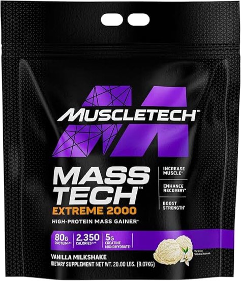 EXP:03/AUG/2025) Mass Gainer Protein Powder MuscleTech Mass-Tech Extreme 2000 Muscle Builder Whey Protein Powder Protein + Creatine + Carbs Max-Protein Weight Gainer for Women & Men Vanilla 20 lbs
