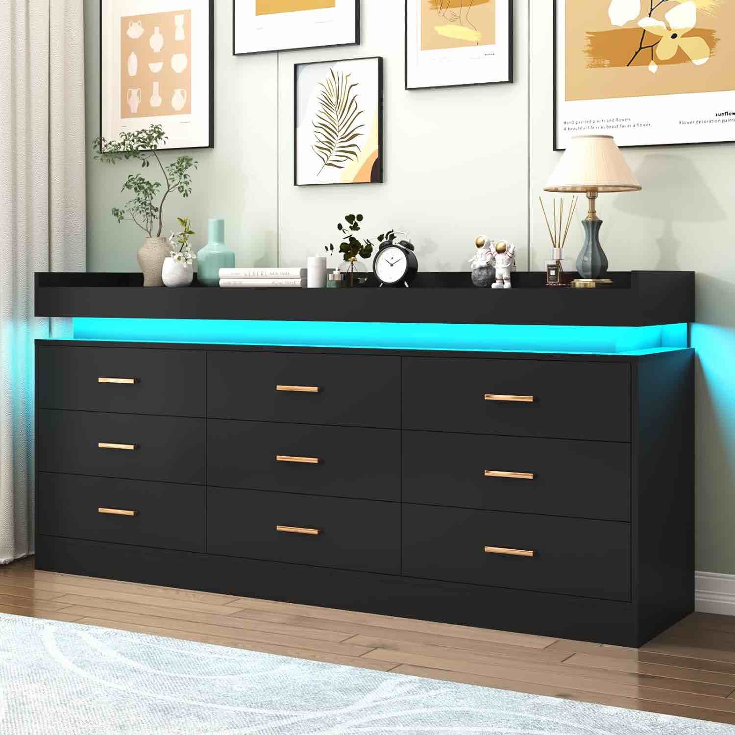 ChVans Black Dresser with LED Light, Modern Wood Dresser with Wide Drawers and Metal Handles, 9 drawer dresser for Bedroom, Living Room, Entryway, Hallway