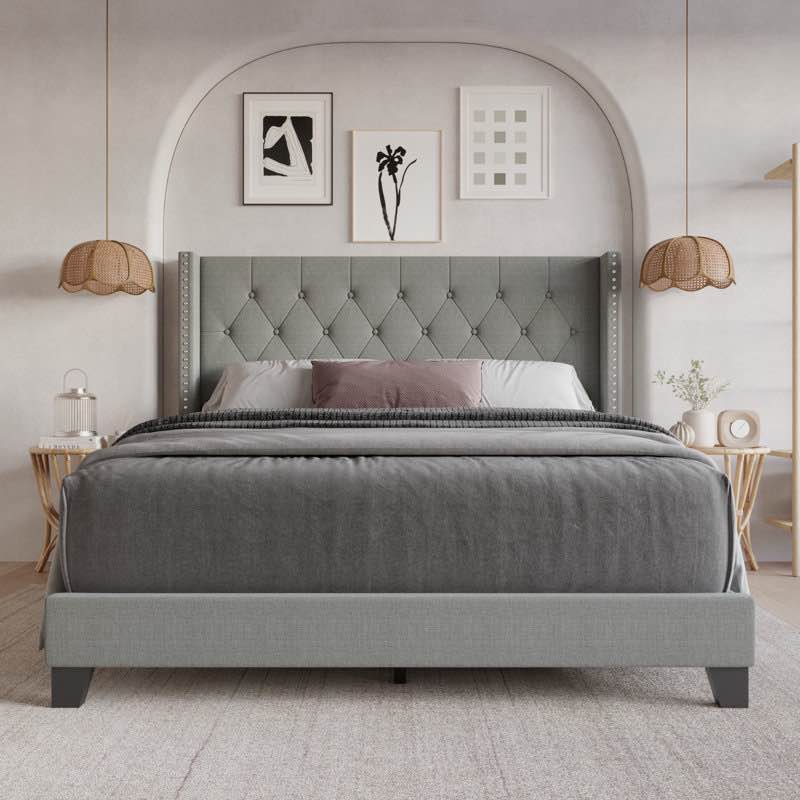 Ameire Upholstered Wingback Bed, Gray, Full