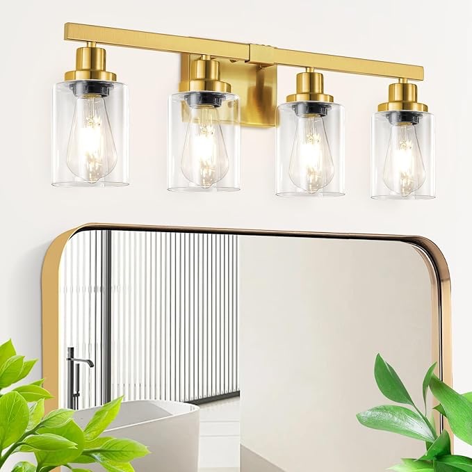 4-Light Bathroom Light Fixtures, Modern Vanity Light with Cylinder Clear Glass Shade, Vanity Lighting Fixtures Over Mirror, Oil Rubbed Bronze, VL143-ORB-4 Oil Rubbed Bronze, 4-Light