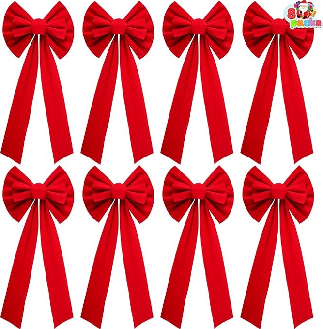 JOYIN 8 Pack Christmas Red Velvet Bows, 26" Long by 10" Wide Decorative Christmas Bows for Wreath Garland Christmas Tree Decor, Indoor Outdoor Holiday Decorations