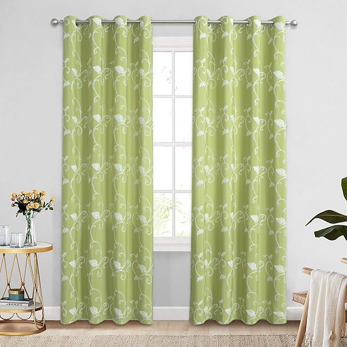 VOGOL Light Green Grommet Curtains 84 Inch Length, Vine Embroidered Light Filtering Drapes for Living Room, 2 Panels Easy Care Decorative Window Curtain for Cafe, (52x96)