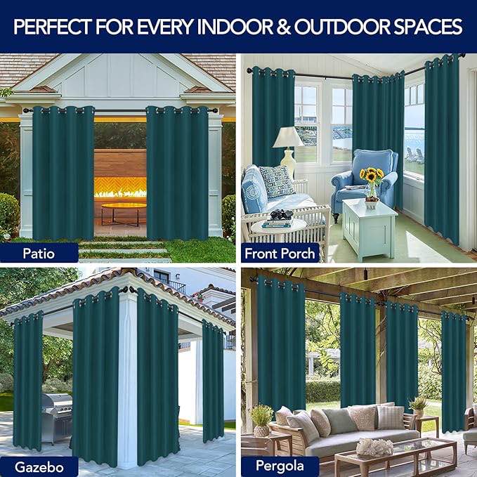 PureFit Outdoor Curtains for Patio Waterproof Weatherproof, UV and Fade Resistant Outside Curtains for Gazebo, Front Porch, Pergola, Sun Blocking Privacy Curtain, 52W x 108L inch, 1 Panel, Teal 52W x 108L inch Teal