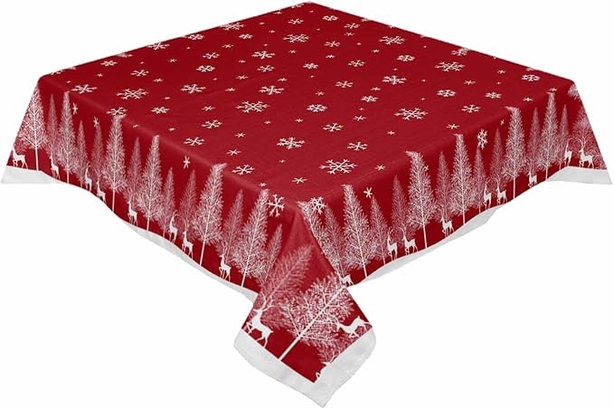 Christmas Elk Tree Tablecloth Rectangle Round Table Cloth 54x54 Inch, Red Winter Indoor or Outdoor Tablecloth, Waterproof Fabric Table Cover for Party Holiday Picnic Kitchen Xmas Decorations
