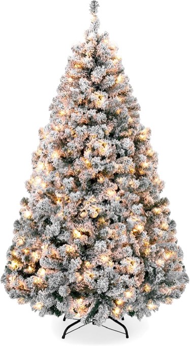 Pre-lit Snow Christmas Tree, Snow Flocked Artificial Full Fir Christmas Tree