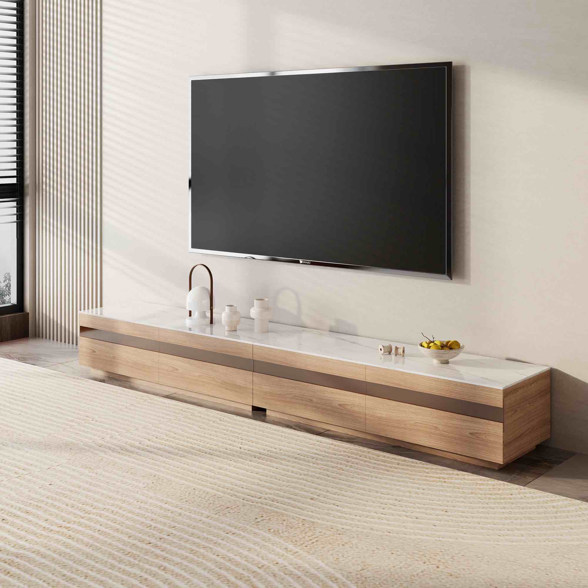 Maneeta Modern Light Wood TV Stands, Stone Table-top, Drawers, Fully Assembled