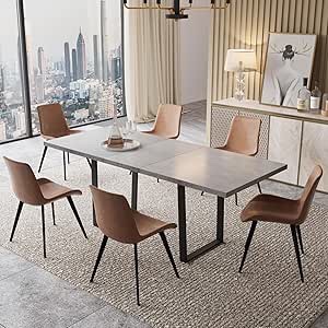  ( pick up 2 box. only  6 chairs ) Iras 6 - Person Extendable Dining Set ZckyCine Modern Mid-Century Dining Table Set for 6-8 People Kitchen Dining Room Table Set Extendable Wood Dining Table and 6 Upholstered Chairs, Home Kitchen Furniture