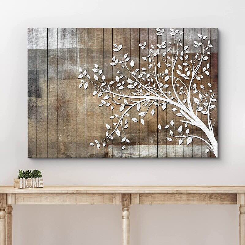 White Tree Branch With Leaves On Wood Effect Background Large Pictures Framed Canvas Print Wall Art. 32" H x 48" W x 1.5" D
