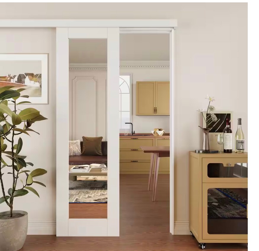 ( incomplete ) 80" Hidden Style Track White Primed 1-Lite Glass Mirrored Sliding Barn Door With Hardware Kit(No Assembly Required)