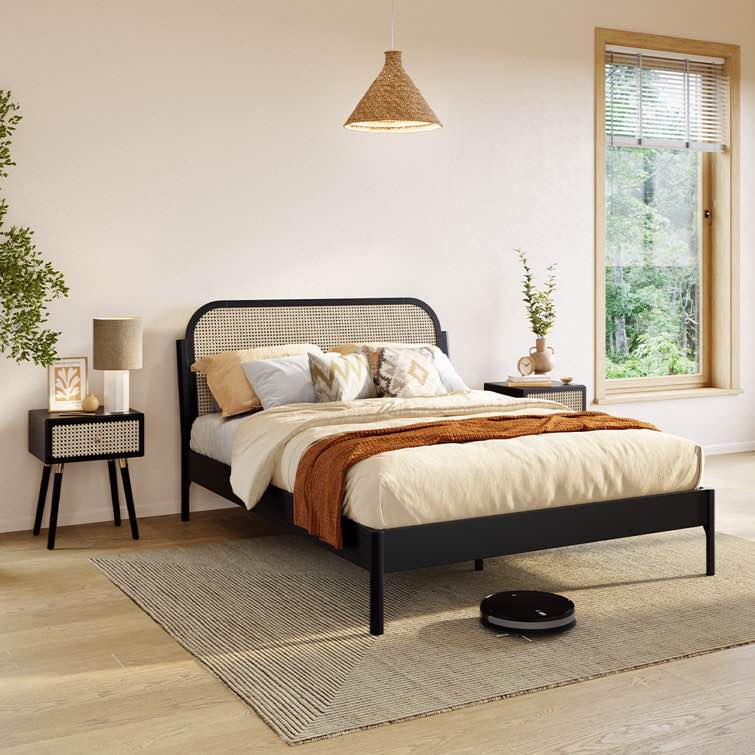 Beiro Solid Wood Rattan Platform Bed with Headboard, Bohemian and Mid-Century Bed Frame