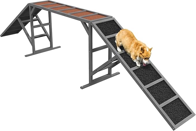 Dog Agility Equipment, Dog Playground Ramp with Safety Bar, Non-slip Surface, for Park, Backyard, Walk and Pause Training, Gray