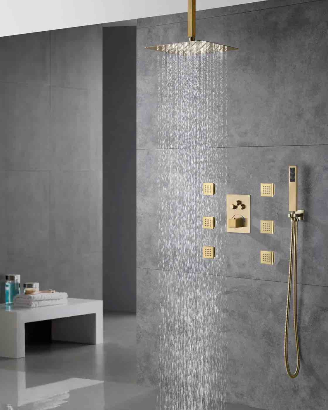 Brushed gold Ceiling mount 3 way Thermostatic Shower jets system that each function run all together and separately