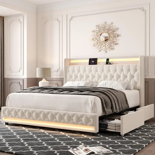 p Homfa Full Size LED Bed Frame with Outlets and USB Ports, 4 Storage Drawers Modern Wingback Crystal Button Tufted Velvet Upholstered Platform Bed Frame, 