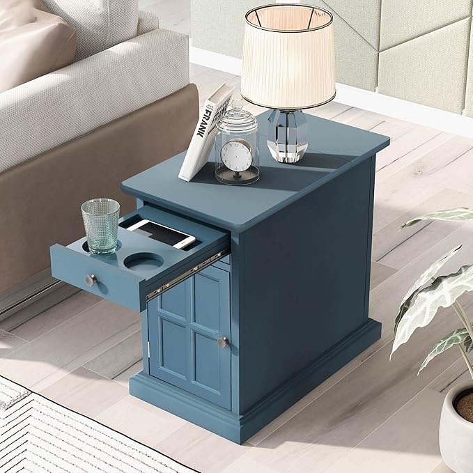 Quarte Retro Stylish Nightstand with Charging Station,End Table Side Table with 1 Multifunctional Drawer Built-in Cup Holders and USB Ports,for Living Room,Bedroom (Antique Navy#S)