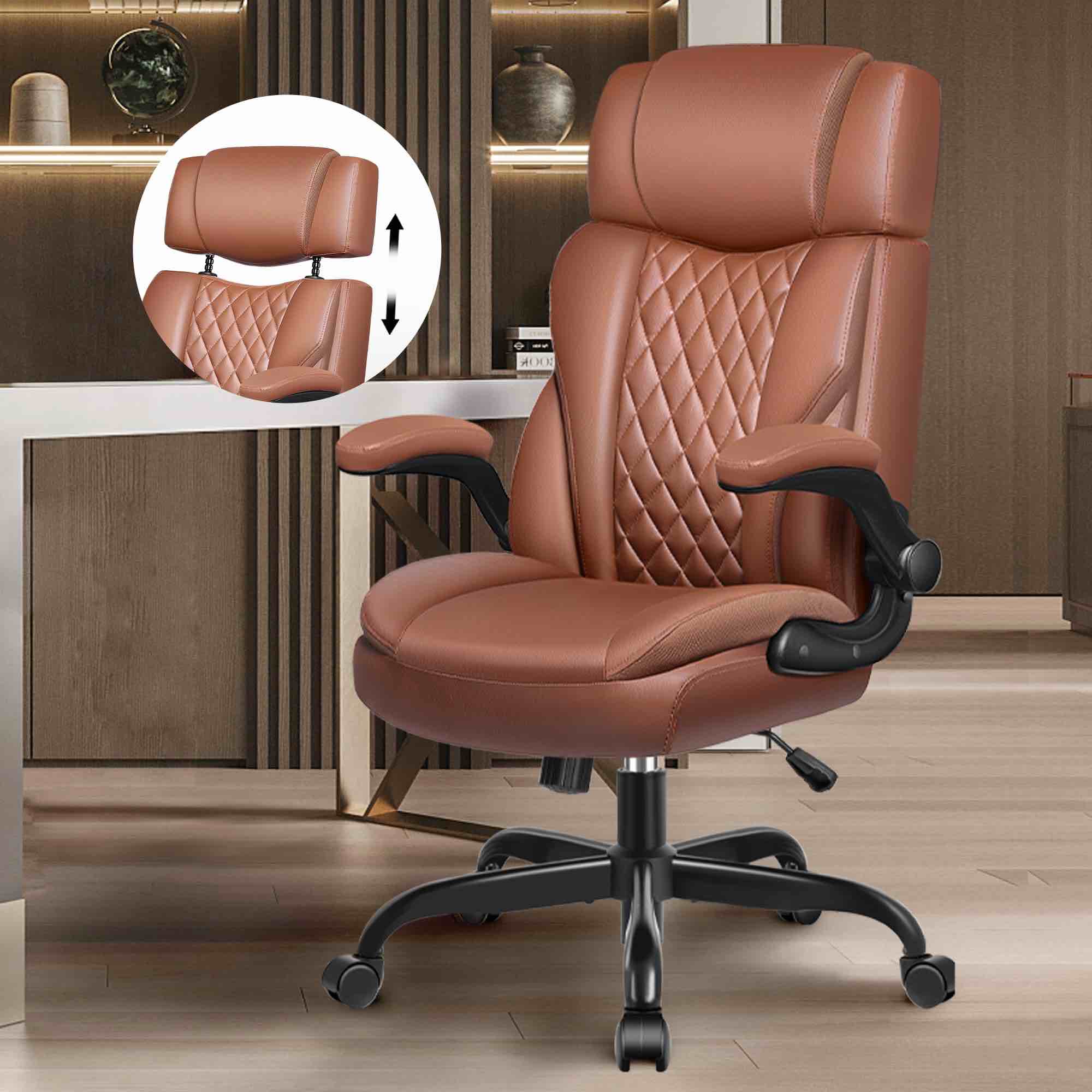 Sytas Executive Leather Office Chair, Comfy Desk Chair with Adjustable Headrest & Flip-up Padded Arms & Lumbar Support, Adjustable Hight and Tilt, Rolling Swivel Chair, Brown