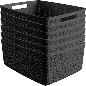 Curver Set of 6 Jute Medium Decorative Plastic Organization and Storage Baskets, Perfect Bins for Home Office, Closet Shelves, Kitchen Pantry and All Bedroom Essentials, black 