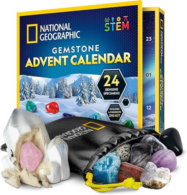 NATIONAL GEOGRAPHIC Gemstone Advent Calendar - 2023 Advent Calendar for Kids with 24 Gemstones to Open Each Day, a Complete Rock Collection Christmas Countdown Calendar with Mini Gemstone Dig Kit