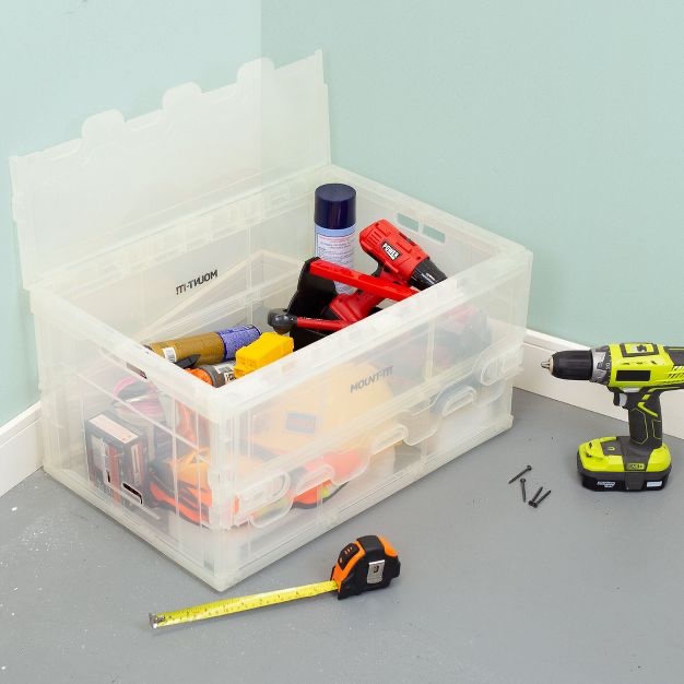 Mount-It! Collapsible Storage Bin with Attached Lid [65 Liter] Folding Crate, Durable Plastic Container, Trunk Storage, Box (23x15x13 Inches), Clear 