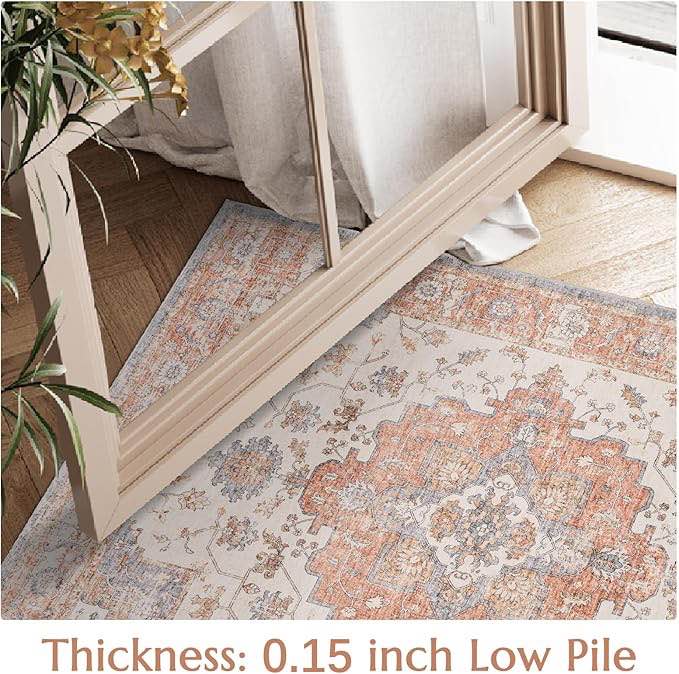 jinchan Area Rug 4x6 Washable Vintage Rug Floor Cover Traditional Thin Blue Multi Distressed Floral Print Indoor Mat for Bedroom Living Room Kitchen Dining Room 4'x6' Medallion Multi