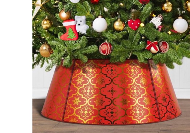 Putuo Decor 27in Red Christmas Tree Collars for 7.5 Ft Tree, Metal Christmas Tree Stand Cover for Artificial Trees, Adjustable Christmas Tree Base Cover, Christmas Tree Ring Collar for Pencil Tree