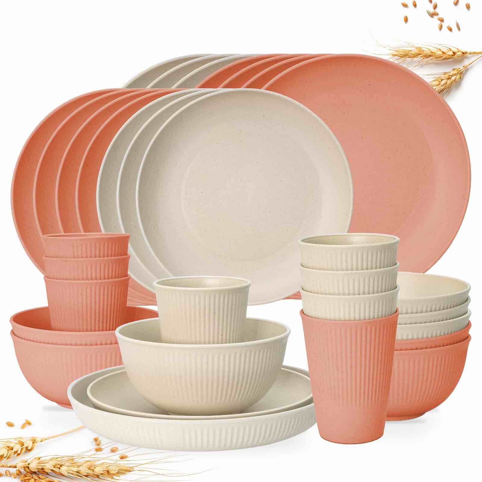 32Pcs Plates and Bowls Sets,Dhnvcud Wheat Straw Dinnerware Sets for 8,Unbreakable Plastic Dinnerware Set,Reusable Plates,Bowls and Cups,Dinnerware Sets for Kitchen,Outdoor Camping,RV Blue