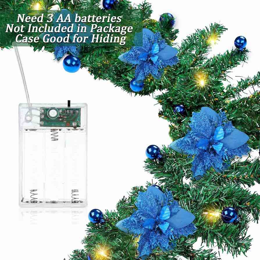 Hotop 4 Pack 9ft Bulk Prelit Christmas Garland with Lights,100 LED Battery Operated Artificial Garland with Vines Poinsettia Pinecones Christmas Balls Blue for Indoor Outdoor Xmas Holiday Door Blue Royal