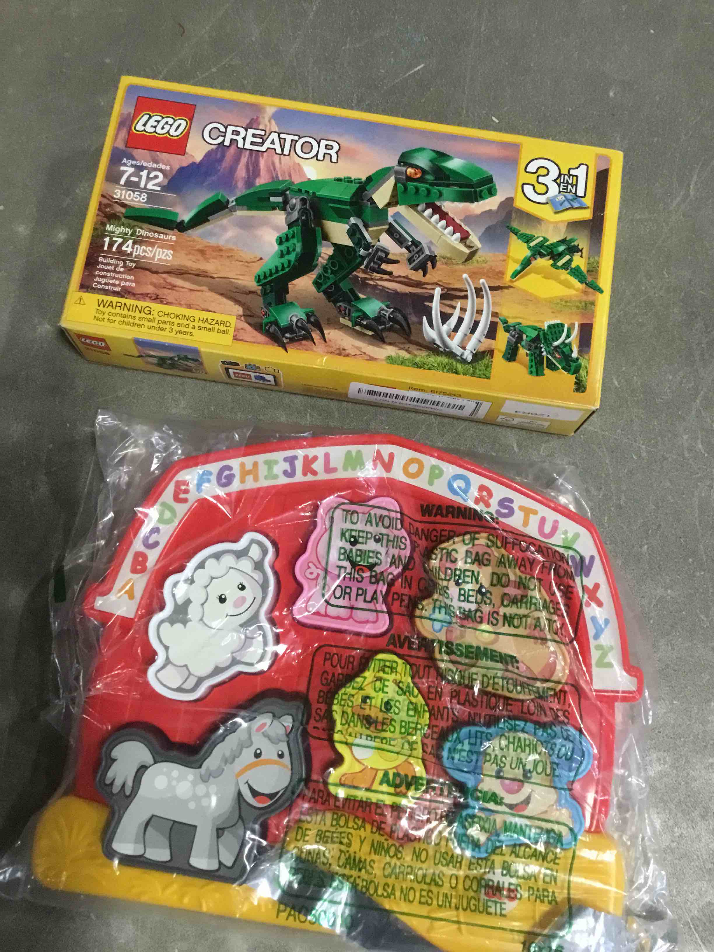 assorted of toys included ( Alphabet keyboard with animals ,, Lego creator ) 