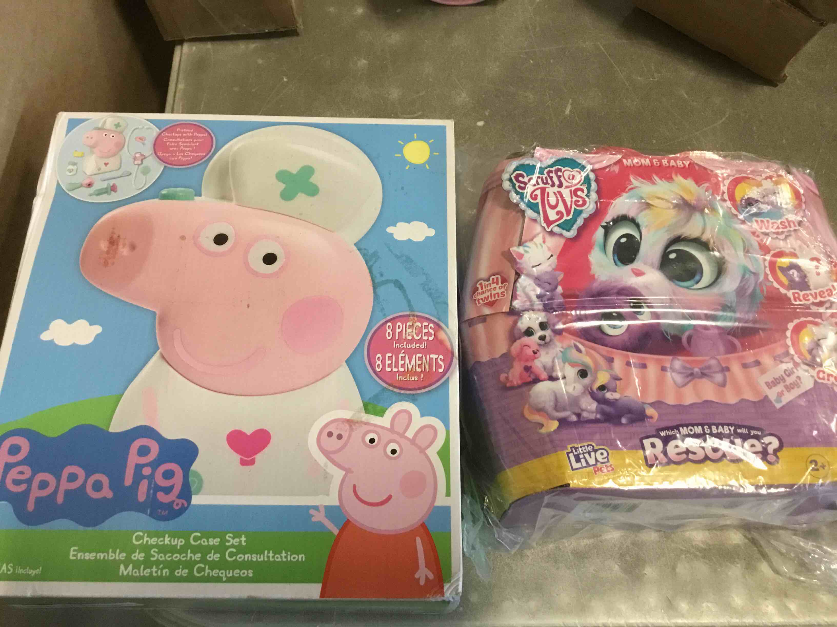assorted of toys included ( peppa pig checkup case set , scruff a luvs mon & baby ) 