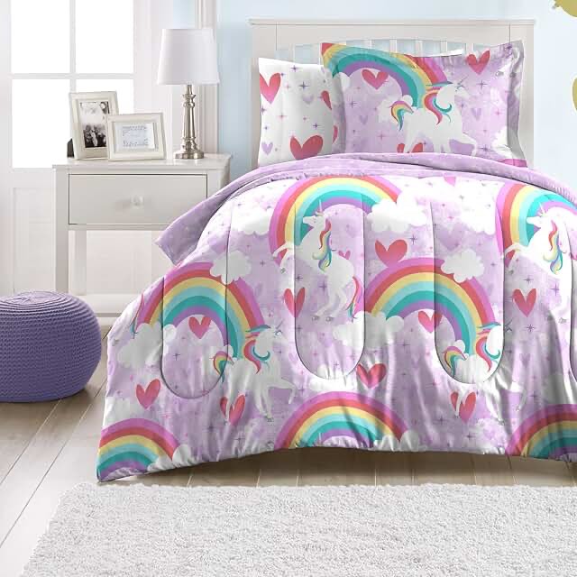 dream FACTORY Kids 5-Piece Complete Set Easy-Wash Super Soft Microfiber Comforter Bedding, Twin, Purple Unicorn Rainbow Purple Unicorn Rainbow Twin