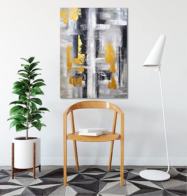 HKDGOKA Wall Art Canvas - Abstract Art Paintings Black and White Gray Hand-Painted Gold Foil Modern Artwork Decor for Living Room Bathroom Bedroom Kitchen 24x16in
