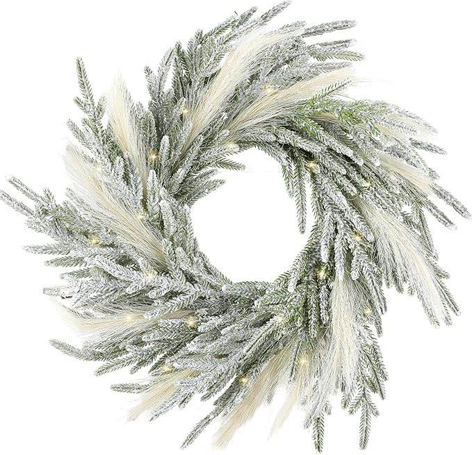 Daifunli Christmas Pine and Pampas Holiday Wreath for Door or Mantel ,white 