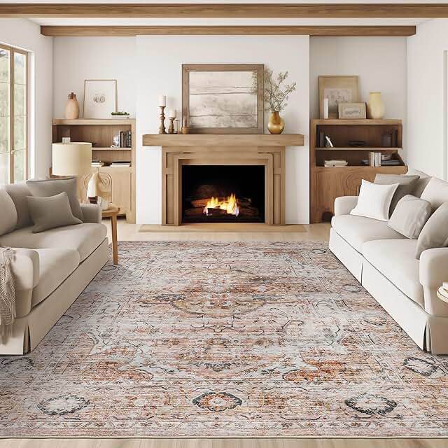 Washable Rug 8x10 Area Rugs for Living Room - Stain Resistant Non-Slip Backing Rugs for Bedroom, Ultra-Thin Vintage Large Area Rug (Peach/Gold, 8'x10')