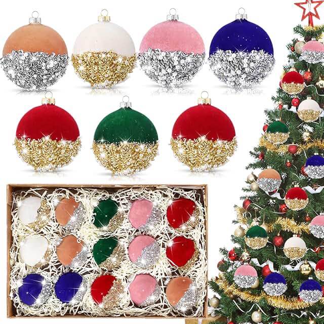 15 pcs 3.15 inch christmas velvet glitter balls ornaments bulk hanging christmas tree balls decorations velvet shatterproof sequin foam balls with gift box for home xmas wedding party decor