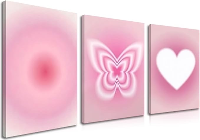 Pink Wall Decor Art Set of 3 - Angel Aura Inspirational Wall Decor, Pink Love Butterfly Canvas Paintings Prints for Living Room, Bedroom, Home Decor, Apartment Aesthetics - 16x24 in Framed