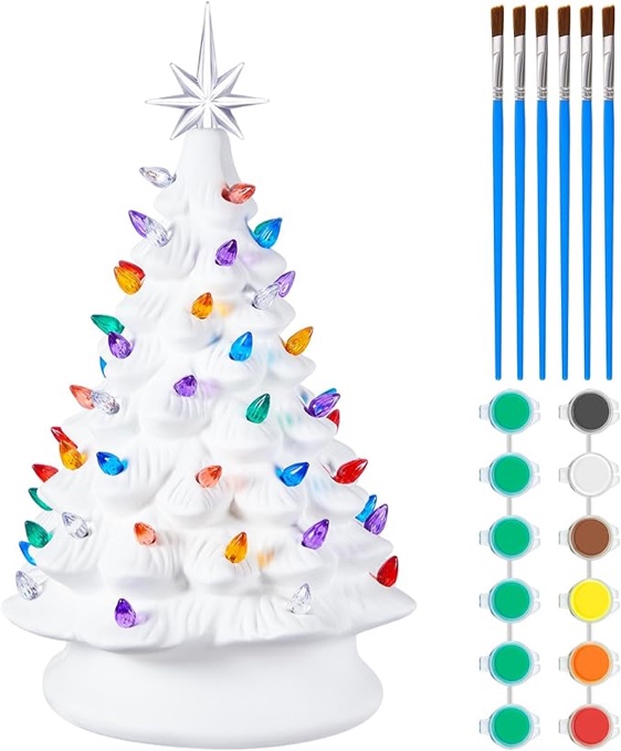 Pickmesh 1 Set Ceramic Christmas Tree 15 Inch Ready to Paint White Ceramic Bisque Christmas Tree Unpainted with Multicolored Bulb Light Acrylic Paint Strip Mixing Palette Brushes for Tabletop Decor