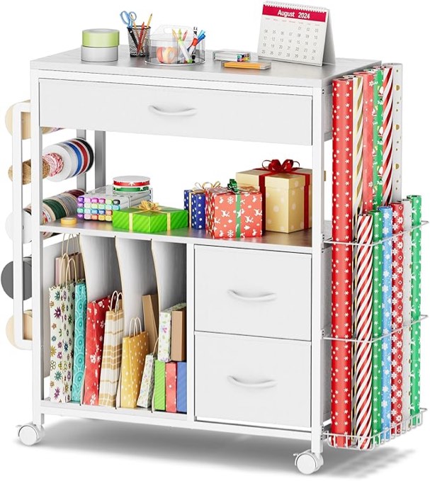 PUNLUXU Wrapping Paper Storage Cart, Rolling Gift Wrap Station with Ribbon and Gift Bag Storage, Wrapping Paper Organizer Holder, Craft Organizers and Storage, Craft Storage Cart 