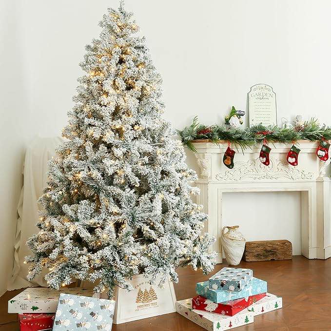 JOYHALO 7ft Christmas Tree Prelit, Artificial Flocked Christmas Tree(they first is similar no same)