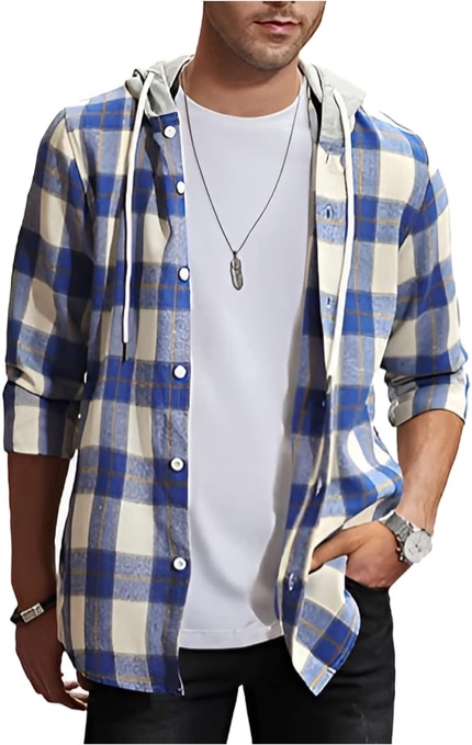 Top for Men Flannel Plaid Hoodie Jacket Button Long Sleeve Casual Blouses Down Lightweight Shirts Fashion Fall 2023 (size 2-XL)