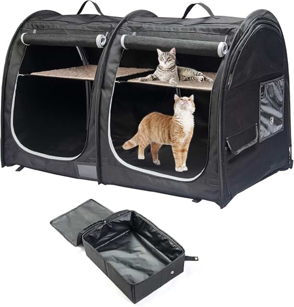 Porayhut Twin Compartment Foldable Cat Cage, Portable, Easy to Carry, with Hammocks, Mats, and Litter Box Black