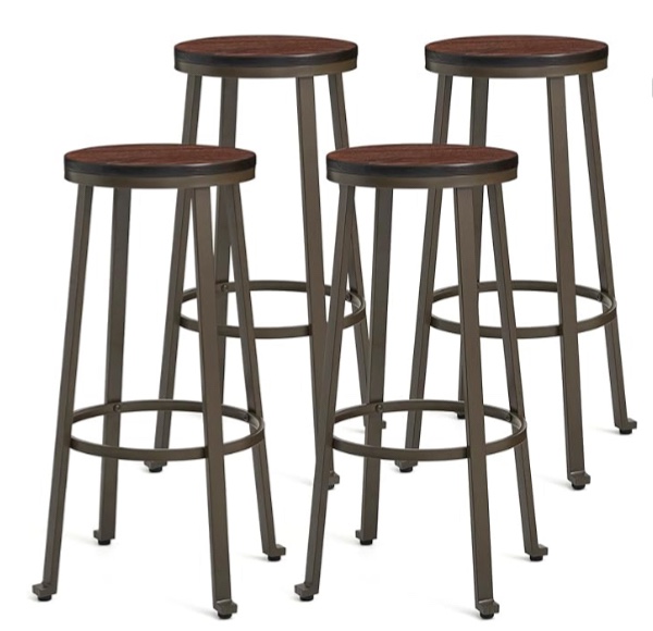 Glitzhome Set of 4 Rustic Steel Bar Stool with Elm Wood Round Top Dining Room Pub Height Stools