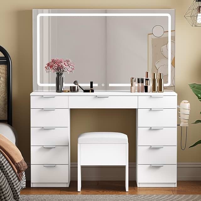 YITAHOME 46'' Vanity Desk Set with Expansive LED Mirror, Makeup Vanity Boasting 11 Drawers, Power Outlet, and Magnifying Glass, Dressing Table Complemented with Storage Stool, Ink Black Ink Black LED Strip with Wood Top