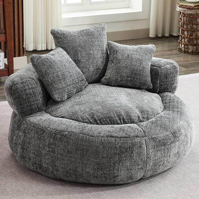 Ball & Cast Oversize Oval Padded Lounger Chair, Upholstered Bean Bag Couch with 3 Pillows & Wrap-Around Backrest for Adults, Chenille Fabric Lazy Floor Beanbag-Chair Sofa, Beige 42.5" Beige