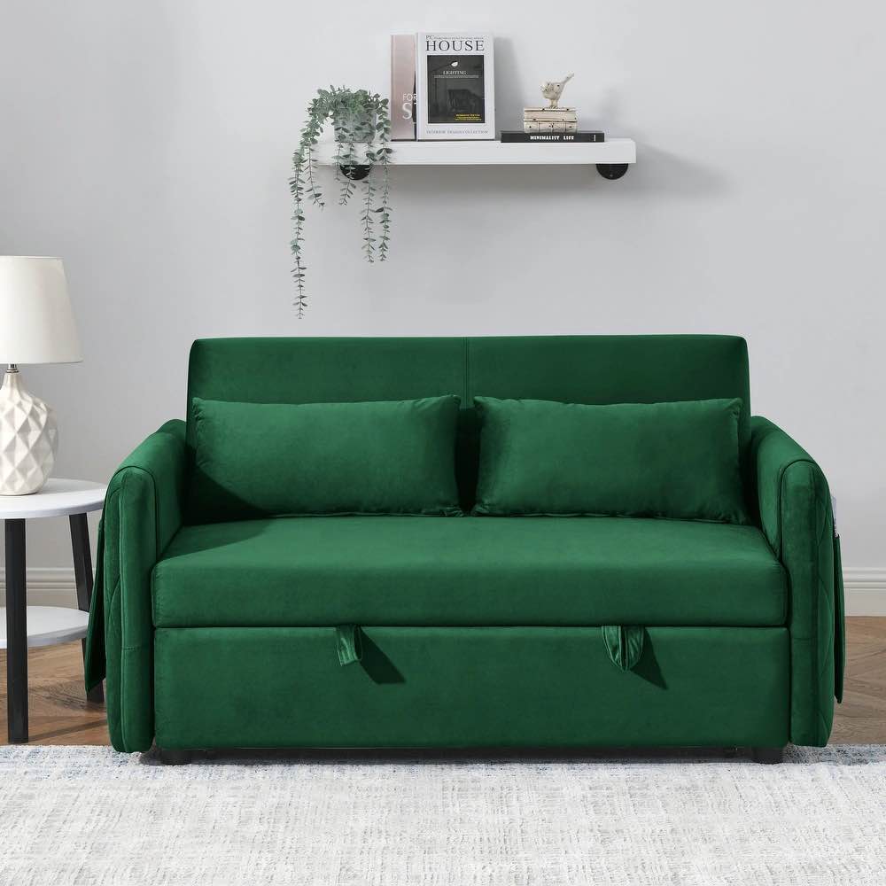 (Incomplete box 1 of 3) ** Style similar) Velvet Loveseat Sleeper Sofa w/ Pockets & Pull Out Bed, Modern Convertible Sofa w/ 2 Pillows & Adjustable Backrest, Green