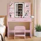 Vanity Desk with Lighted Mirror, Makeup Vanity Set with Power Outlet, Cushioned Stool, Vanity Table with 6 Storage Shelves, 2 Large Drawers and 3 Color Light Adjustable Brightness, Marble pink