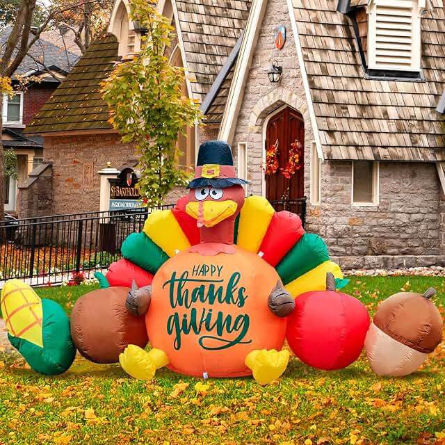 KOOY 8FT Thanksgiving Inflatables Outdoor Decorations,Pilgrim Hat Turkey Holding Vegetable Basket,LED Lights Blow Up Turkey Yard for Holiday Outdoor,Autumn Farmer Party,Garden,Fall Harvest Décor