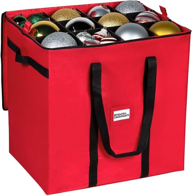 HNS. Christmas Ornament Storage Container - Box Stores Up to 48 – 6” Ornaments – With 4 Individual Trays -Heavy Duty 600D Tear Resistant Material, Zippered, Adjustable Dividers, Large Organizer Bin to Protect and Store Holiday Décor