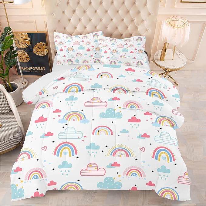 Kids Rainbow Comforter Set Twin,Cute Pink Rainbow Bedding Set,Kids Comforter Set for Girls Twin, Kids Girls Bedding Sets with 2PCS Pillowcases