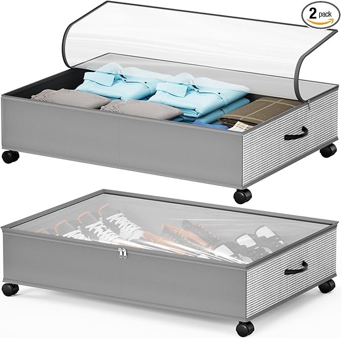 SOELDI Under Bed Storage with Wheels 50L*2 pack, Extra Large Under Bed Shoe Storage Containers With Sturdy Structure, Rolling Under Bed Drawers for Shoes, Clothes, Bedding (Modern Gray)